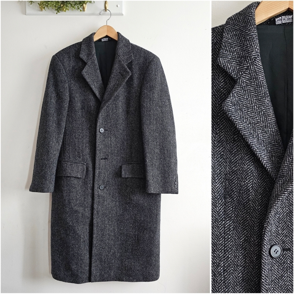 Vintage European Wool Herringbone Overcoat Men’s 38R Gray Dark Academia